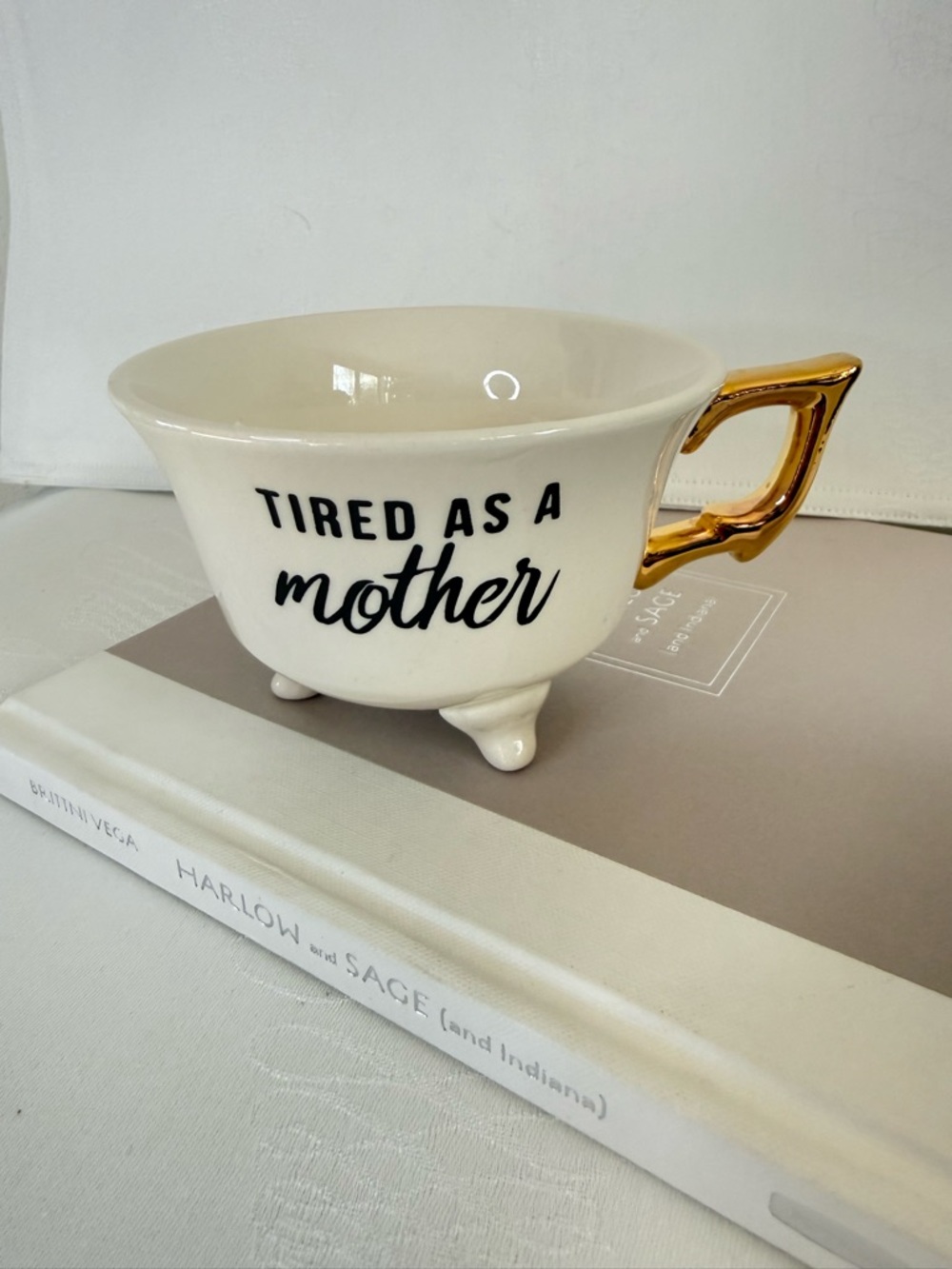 Funny Coffee Mug Set Gold Handle Tired As A Mother Liquid Optimism Gift - Picture 3 of 5
